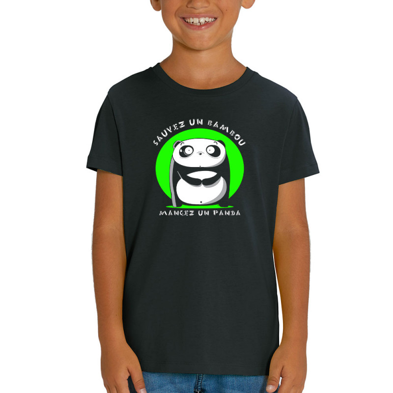 T-shirt enfant coton bio noir Sauvez un bambou Mangez un panda (Pandaluna,Animaux,Humour,Manga Kawaï japan)