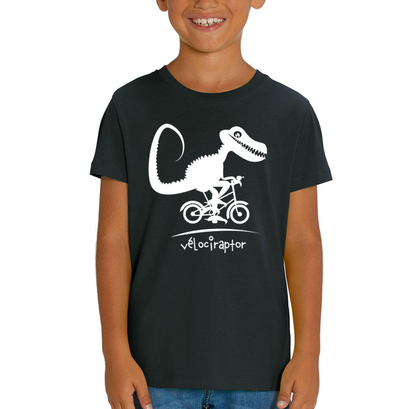 T-shirt enfant coton bio noir Vélociraptor (Andy,Humour,Animaux,Vélo)