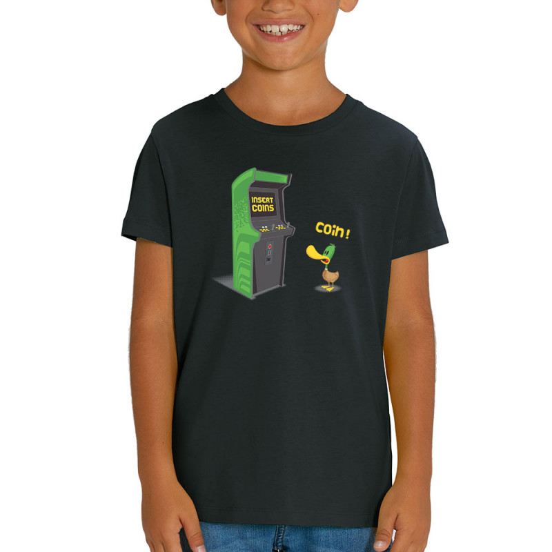 T-shirt enfant coton bio noir Insert Coins (Ted Boundy,Animaux,Humour,Jeux Vidéo / Geek)