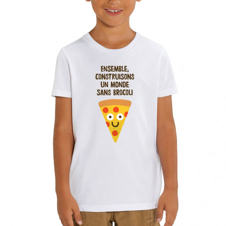 T-shirt enfant coton bio blanc Construisons un monde sans brocoli (Alex Kidd,Fruits & Légumes,Humour)