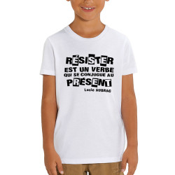 T-shirt enfant coton bio blanc Résister est un verbe qui  se conjugue au présent (Slogans engagés)