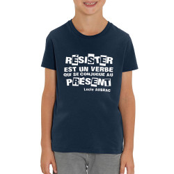 T-shirt enfant coton bio bleu marine Résister est un verbe qui  se conjugue au présent (Slogans engagés)