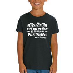 T-shirt enfant coton bio noir Résister est un verbe qui  se conjugue au présent (Slogans engagés)