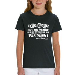 T-shirt enfant coton bio noir Résister est un verbe qui  se conjugue au présent (Slogans engagés)