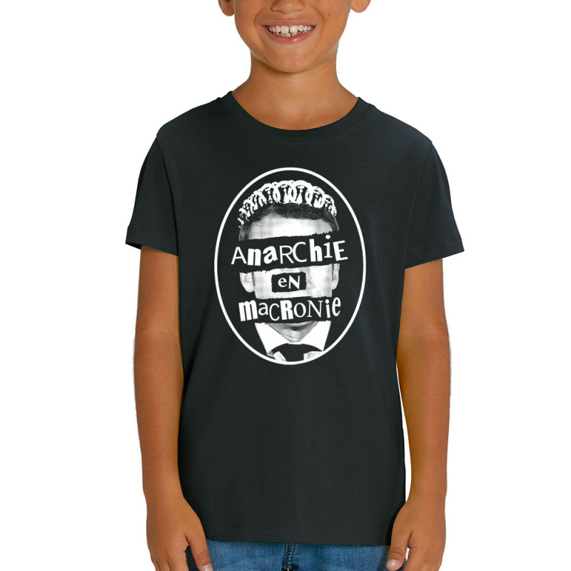 T-shirt enfant coton bio noir Anarchie en Macronie (Gondrax,Slogans engagés,Humour)