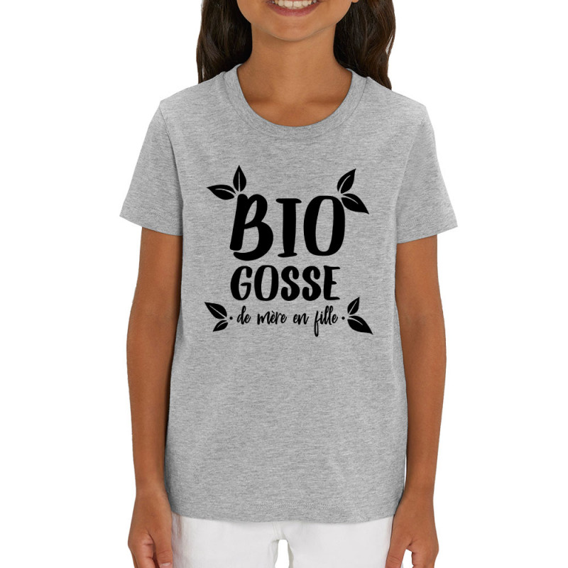 T-shirt enfant coton bio gris chiné Bio gosse de mère en fille (Zewa,Humour,Slogans Débiles,Bébés)