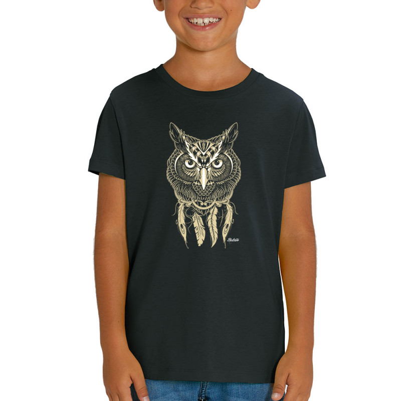T-shirt enfant coton bio noir Bad River - Little Owl (Bad River,Animaux,Ethnique)