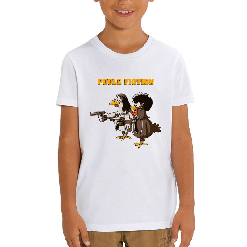 T-shirt enfant coton bio blanc Poule Fiction (Mr Mouton,Animaux,Films/Séries)
