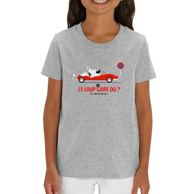 T-shirt enfant coton bio gris chiné Le Loup se gare où (Pandaluna,Animaux,Humour)