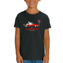 T-shirt enfant coton bio noir Le Loup se gare où (Pandaluna,Animaux,Humour)