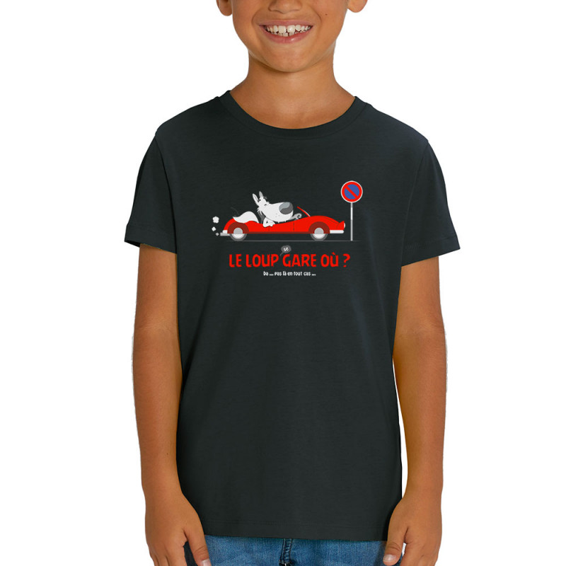 T-shirt enfant coton bio noir Le Loup se gare où (Pandaluna,Animaux,Humour)