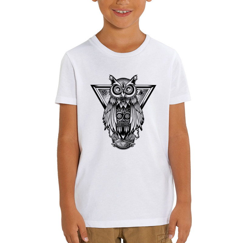 T-shirt enfant coton bio blanc 1837 - Key Owl (Simon,1837,Animaux,Steam Punk)