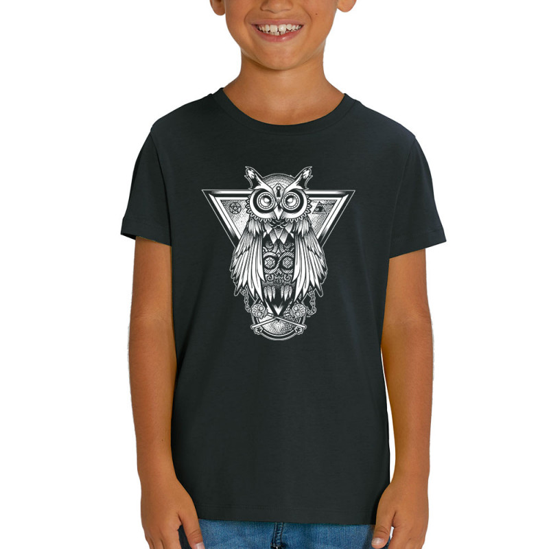 T-shirt enfant coton bio noir 1837 - Key Owl (Simon,1837,Animaux,Steam Punk)