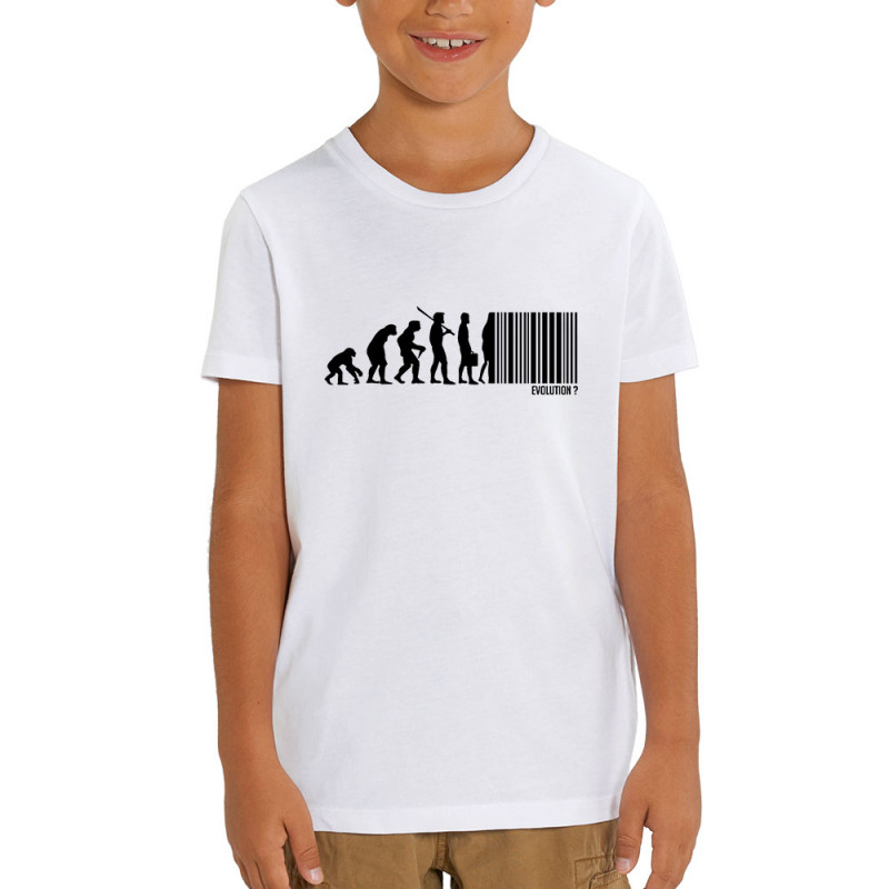 T-shirt enfant coton bio blanc Evolution code barre (Gondrax,Slogans engagés,Evolution)