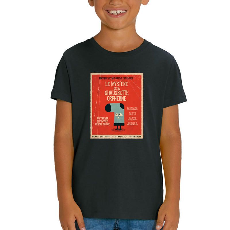 T-shirt enfant coton bio noir Le mystère de la chaussette (Alex Kidd,Humour)