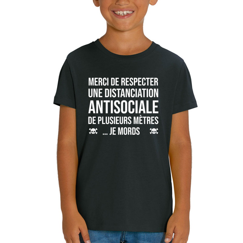 T-shirt enfant coton bio noir Distanciation Antisociale (Gondrax,Slogans Débiles,Humour)
