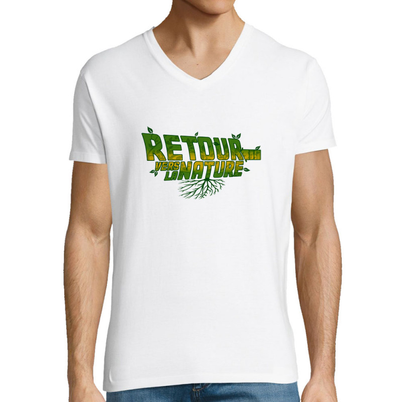 T-shirt homme col V blanc Retour vers la nature (Gondrax,Ecologie,Films/Séries,Détournements)