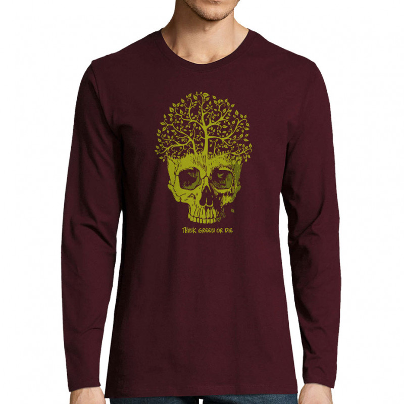 T-shirt homme manches longues bordeaux Think green or die (Gondrax,Ecologie,Têtes de morts)
