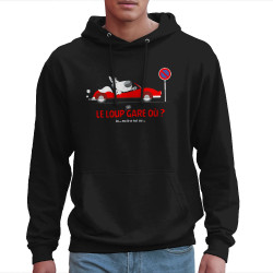 Sweat homme à capuche noir Le Loup se gare où (Pandaluna,Animaux,Humour)