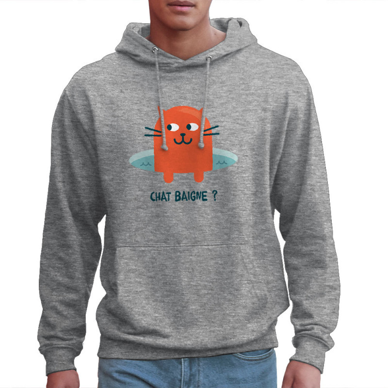 Sweat homme à capuche gris chiné Chat baigne ? (Alex Kidd,Animaux,Humour,Chats)