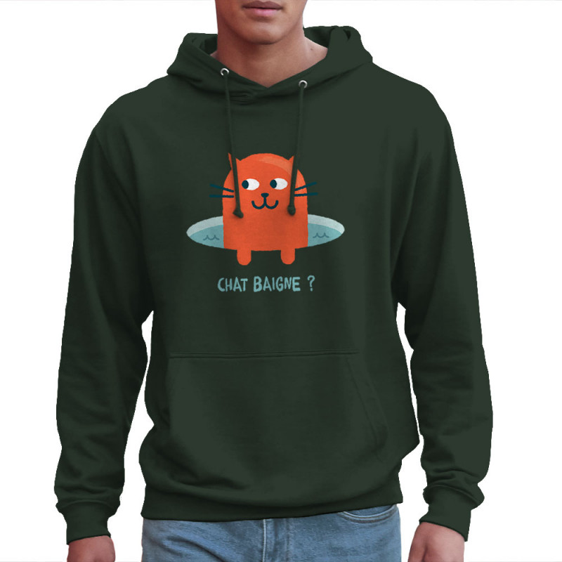 Sweat homme à capuche vert foncé Chat baigne ? (Alex Kidd,Animaux,Humour,Chats)