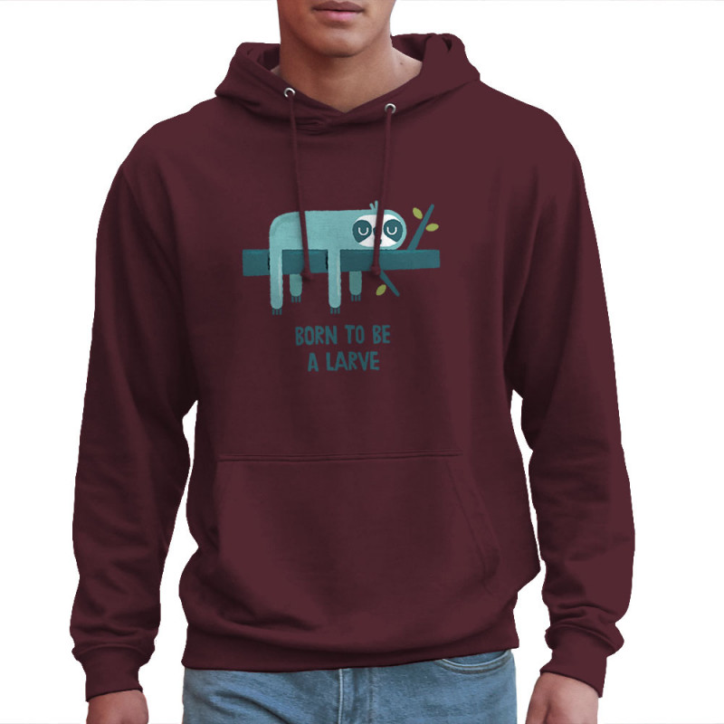 Sweat homme à capuche bordeaux Born to be a Larve (Alex Kidd,Animaux,Humour,Paresse)
