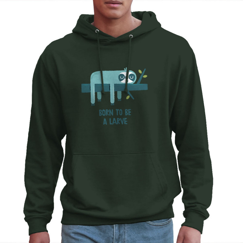 Sweat homme à capuche vert foncé Born to be a Larve (Alex Kidd,Animaux,Humour,Paresse)