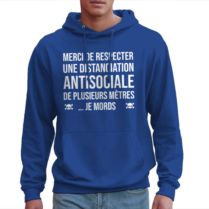Sweat homme à capuche bleu royal Distanciation Antisociale (Gondrax,Slogans Débiles,Humour)