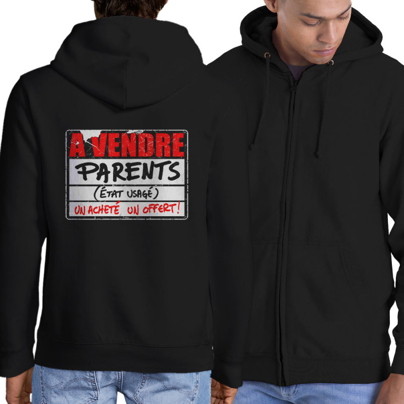 Sweat homme à capuche zippé noir A vendre parents (Gondrax,Humour)