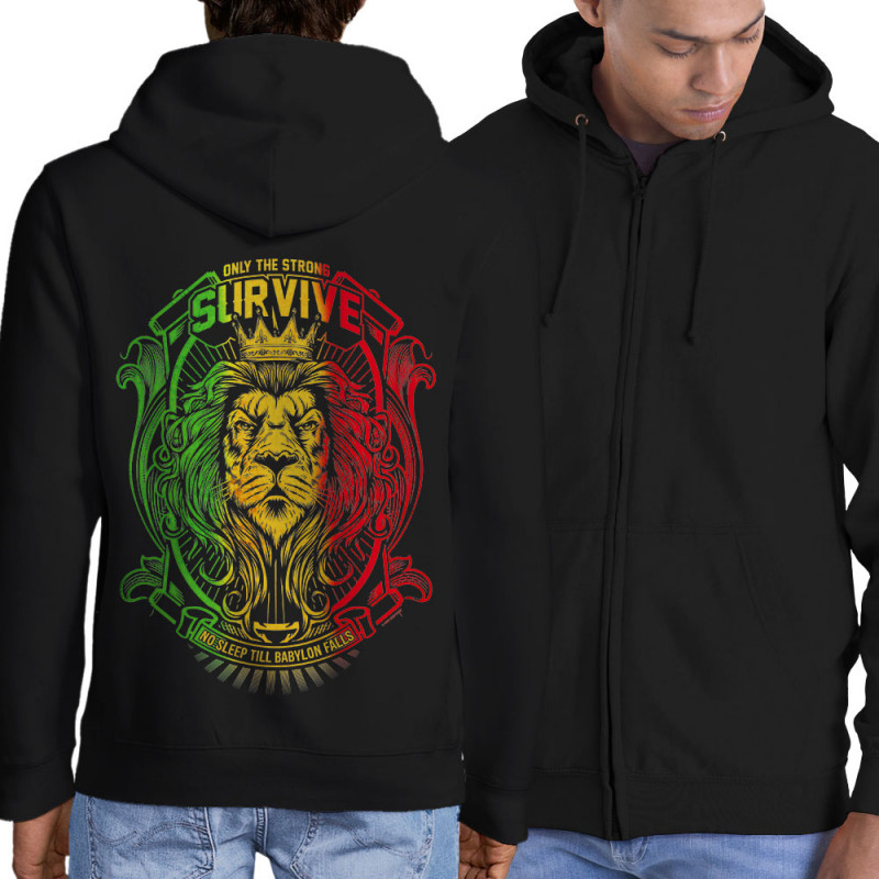 Sweat homme à capuche zippé noir Only the strong survive (Animaux,Reggae)