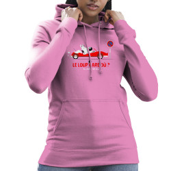 Sweat femme à capuche rose Le Loup se gare où (Pandaluna,Animaux,Humour)