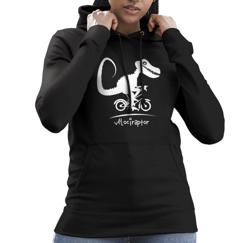 Sweat femme à capuche noir Vélociraptor (Andy,Humour,Animaux,Vélo)