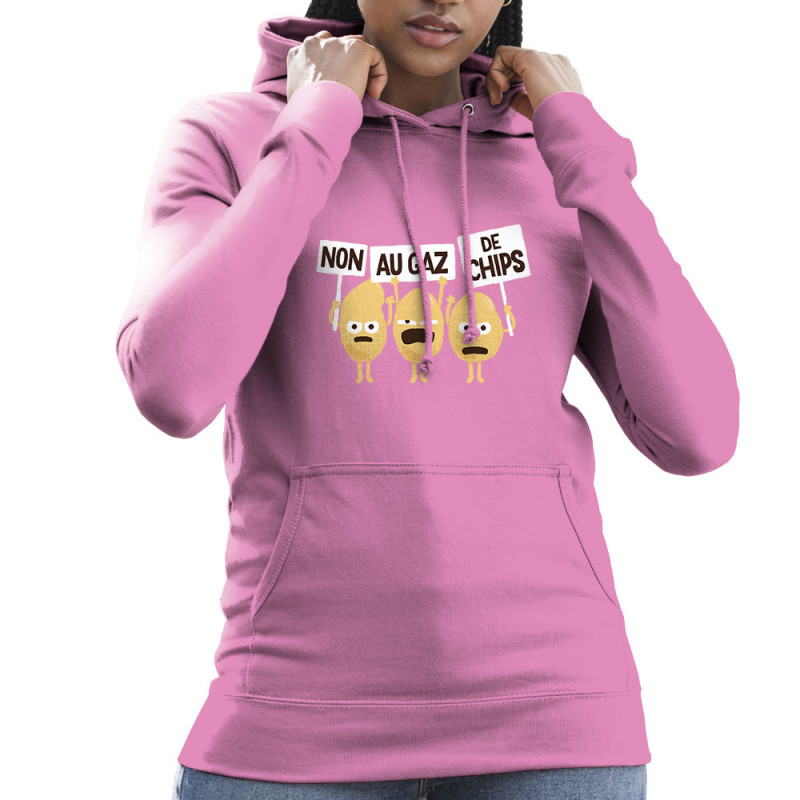 Sweat femme à capuche rose Non au gaz de chips (Alex Kidd,Humour,Fruits & Légumes)