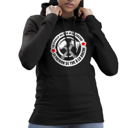 Sweat femme à capuche noir Le prolo se tue à la tâche (Slogans engagés)