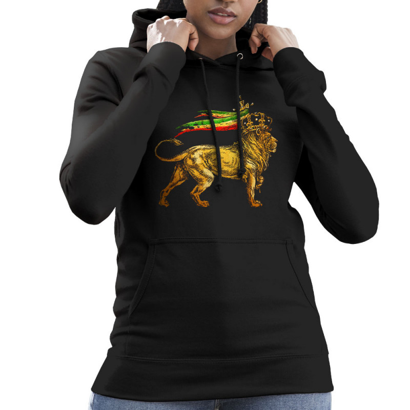 Sweat femme à capuche noir Rasta Lion (Animaux,Reggae)