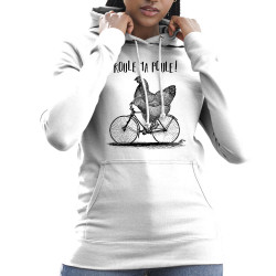Sweat femme à capuche blanc Roule ma poule (Gondrax,Les Bébêtes,Animaux,Vélo)