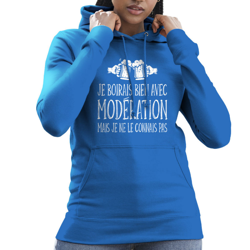 Sweat femme à capuche bleu royal Je boirais bien avec modération (Gondrax,Humour,Alcool)