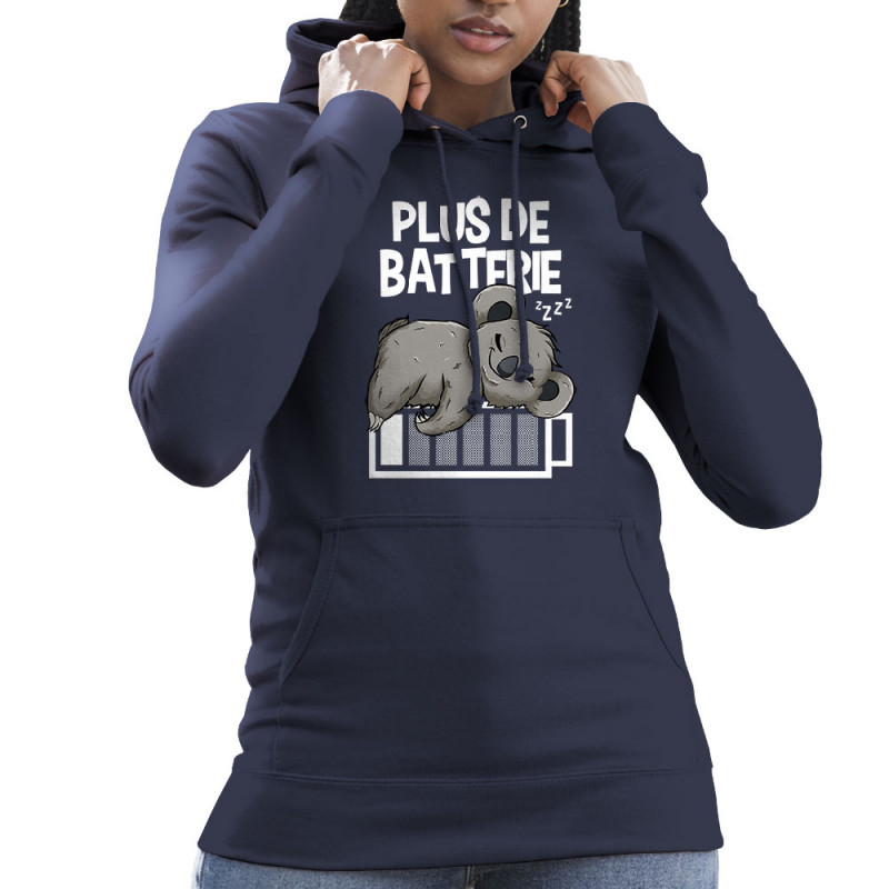Sweat femme à capuche bleu marine Plus de batterie koala (Animaux,Humour,Manga Kawaï japan,Bébés,Paresse)