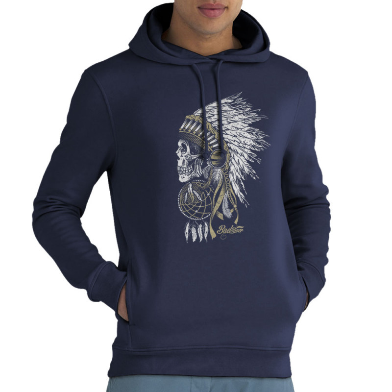 Sweat homme à capuche coton bio bleu marine Bad River - Chief Skull (Simon,Bad River,Ethnique)