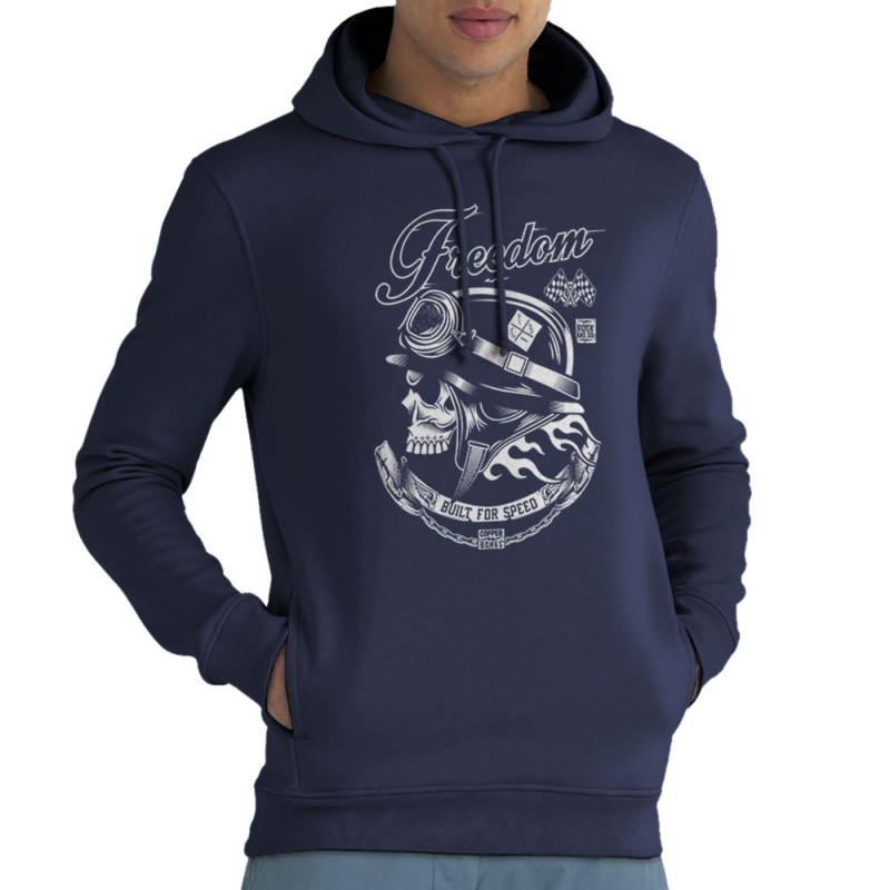 Sweat homme à capuche coton bio bleu marine Copper Bones - Built For Speed (Simon,Copper Bones,Têtes de morts,Moto)