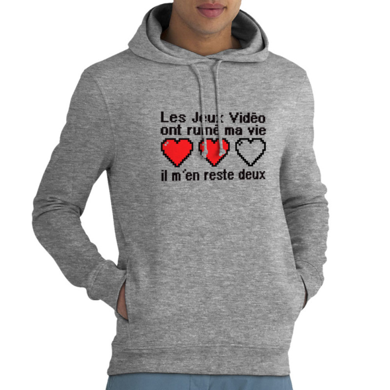 Sweat homme à capuche coton bio gris chiné Les jeux vidéo ont ruiné ma vie (Humour,Jeux Vidéo / Geek)