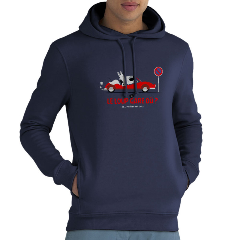 Sweat homme à capuche coton bio bleu marine Le Loup se gare où (Pandaluna,Animaux,Humour)