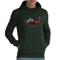 Sweat homme à capuche coton bio vert foncé Le Loup se gare où (Pandaluna,Animaux,Humour)