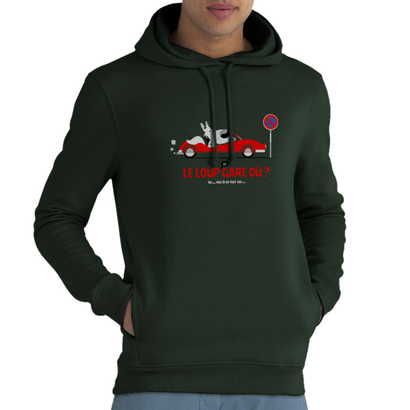 Sweat homme à capuche coton bio vert foncé Le Loup se gare où (Pandaluna,Animaux,Humour)