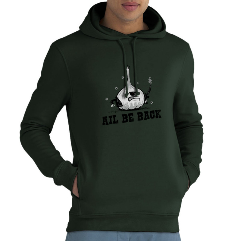 Sweat homme à capuche coton bio vert foncé Ail Be Back (Ted Boundy,Fruits & Légumes,Humour)