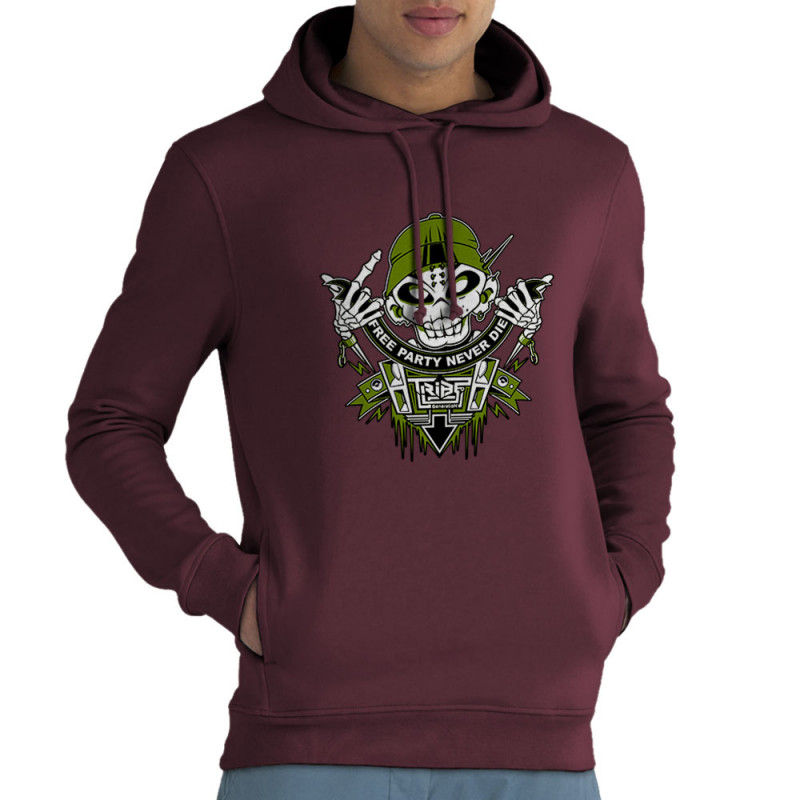 Sweat homme à capuche coton bio bordeaux Free Party Never Die (E Cone,teufeur)