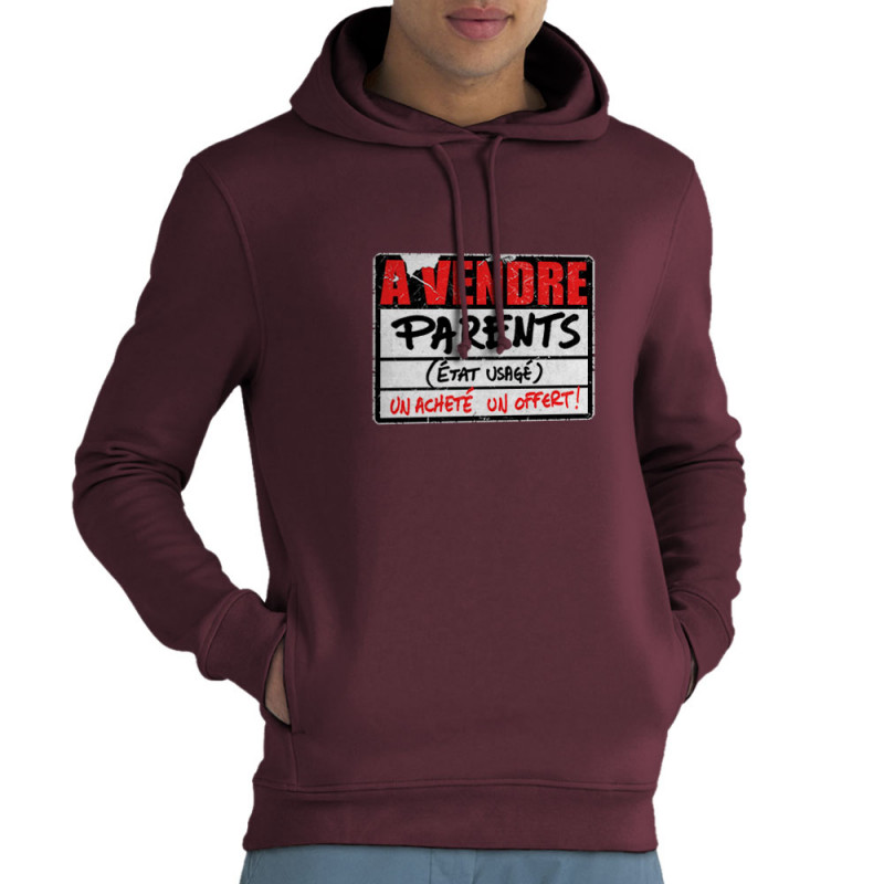 Sweat homme à capuche coton bio bordeaux A vendre parents (Gondrax,Humour)