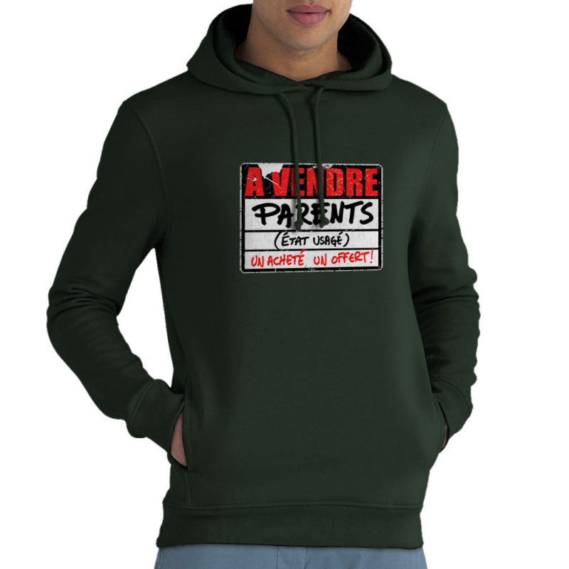 Sweat homme à capuche coton bio vert foncé A vendre parents (Gondrax,Humour)