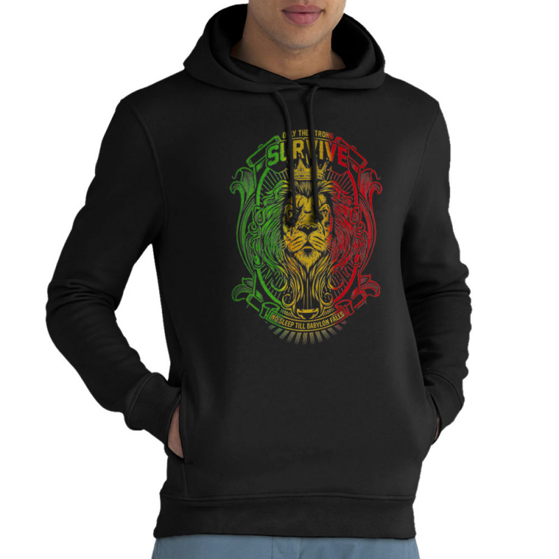 Sweat homme à capuche coton bio noir Only the strong survive (Animaux,Reggae)