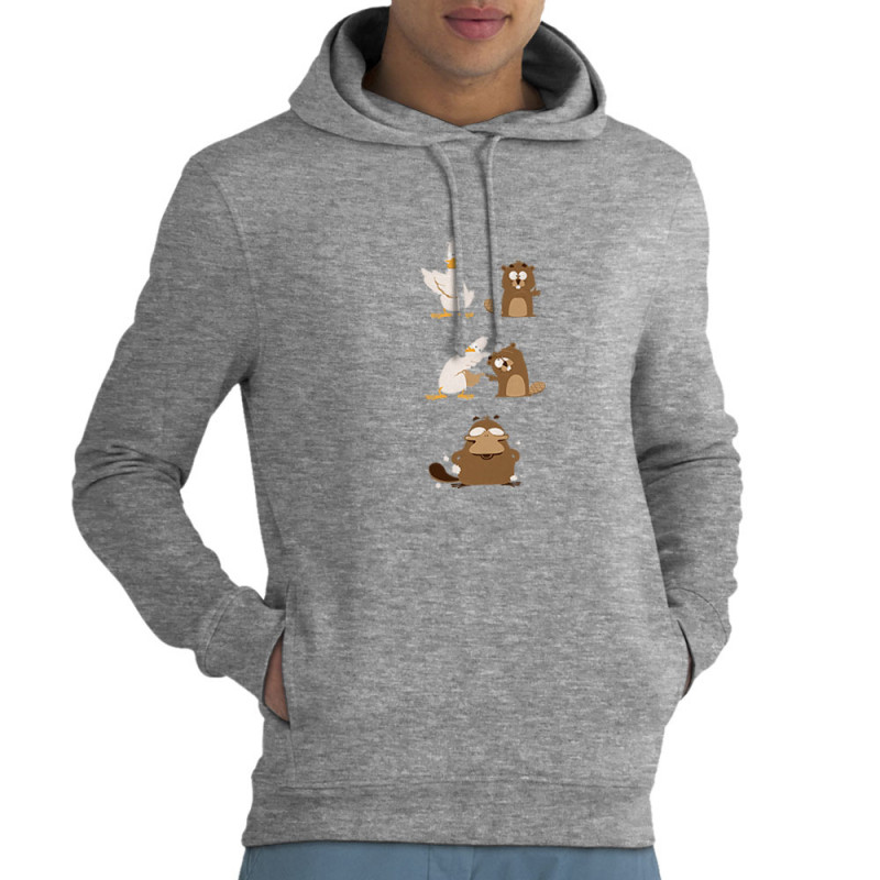 Sweat homme à capuche coton bio gris chiné Fusion (Pandaluna,Animaux,Humour,Manga Kawaï japan)